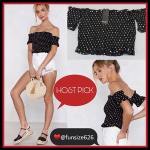 NWT NASTY GIRL BARDOT SEA YOU SOON POLKA DOT SMOCKED CROP TOP